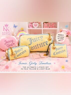 Juicy Couture Pale Yellow & Light Blue 3-Piece Cosmetic Set with Gold Accents